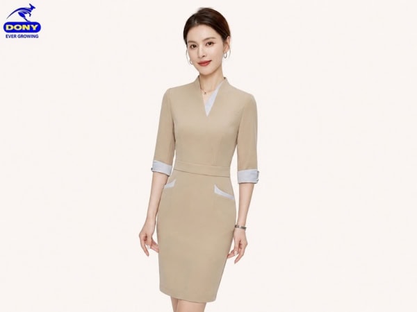 Mẫu đầm đồng phục tay lững màu be