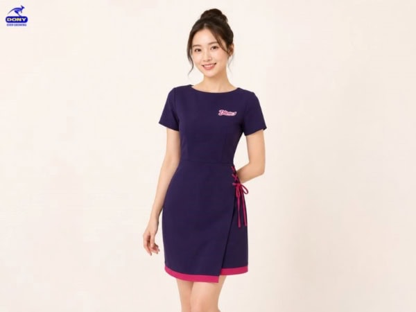 Mẫu váy đầm đồng phục màu tím than phối hồng