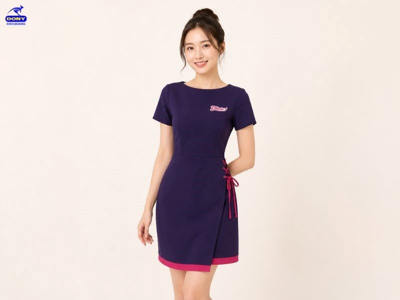 Mẫu váy đầm đồng phục màu tím than phối hồng