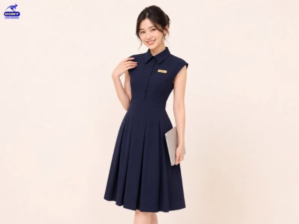 Mẫu đầm đồng phục xanh than cổ sơ mi