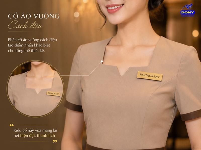 Phần cổ áo vuông cách điệu tạo điểm nhấn khác biệt cho tổng thể thiết kế