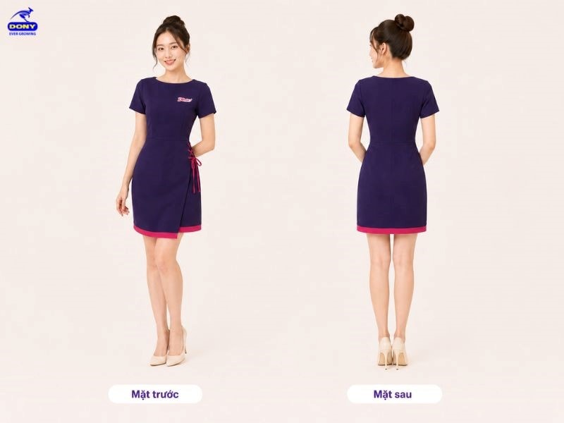 Mẫu đầm đồng phục tím than phối hồng được thiết kế theo phong cách hiện đại