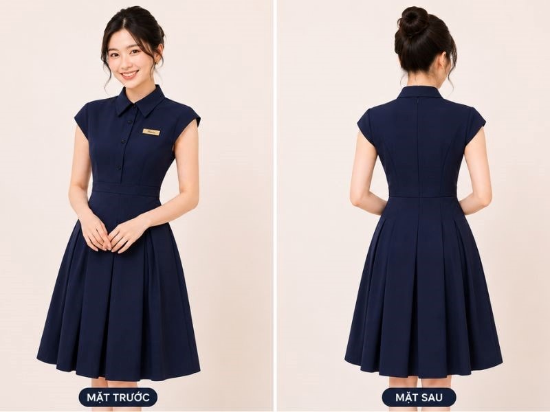 Đầm đồng phục xanh than cổ sơ mi thanh lịch mang phong cách hiện đại