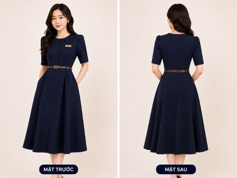 Mẫu đầm đồng phục xanh than thanh lịch sở hữu phong cách tối giản nhưng đầy tinh tế