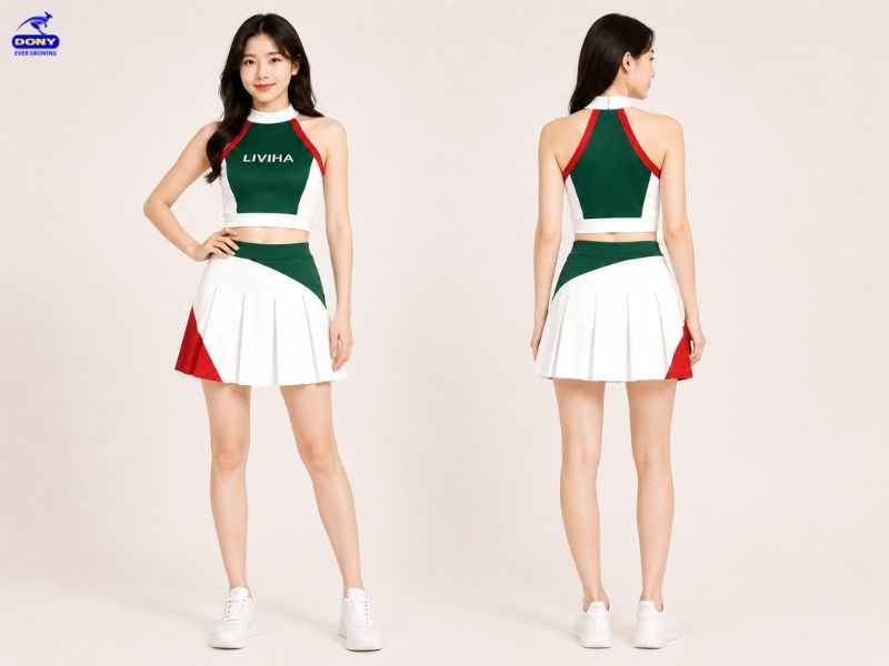 Đồng phục PG áo croptop phối chân váy xếp ly