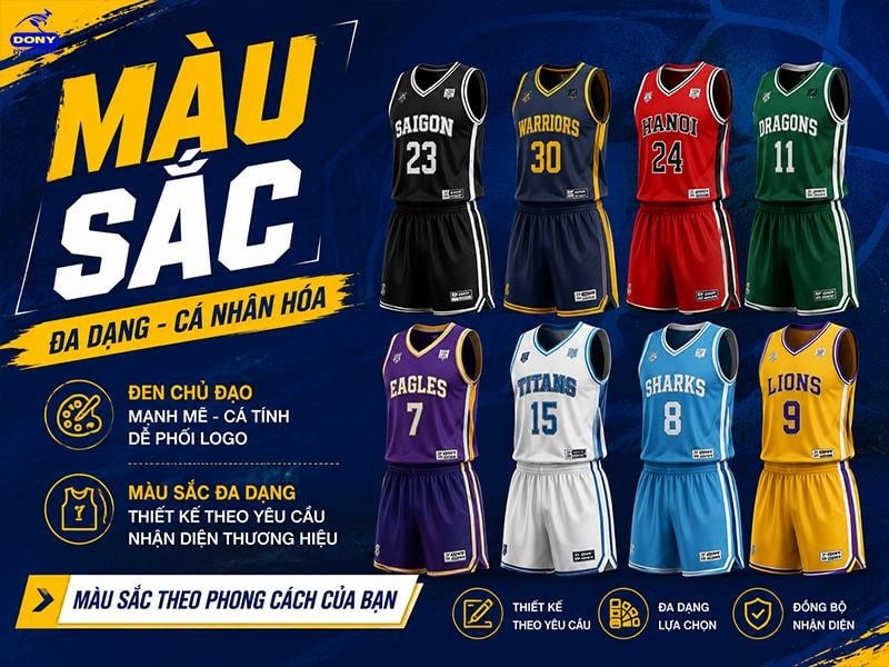 DONY nhận thiết kế và may đồng phục bóng rổ theo màu sắc riêng của từng câu lạc bộ, trường học