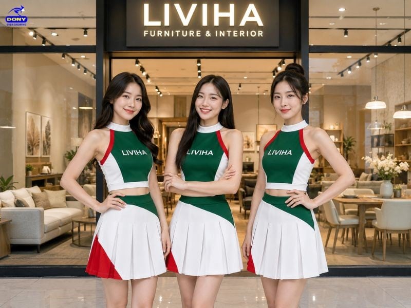 Mẫu đồng phục sử dụng tông xanh rêu làm màu chủ đạo, kết hợp cùng màu trắng và các chi tiết nhấn đỏ