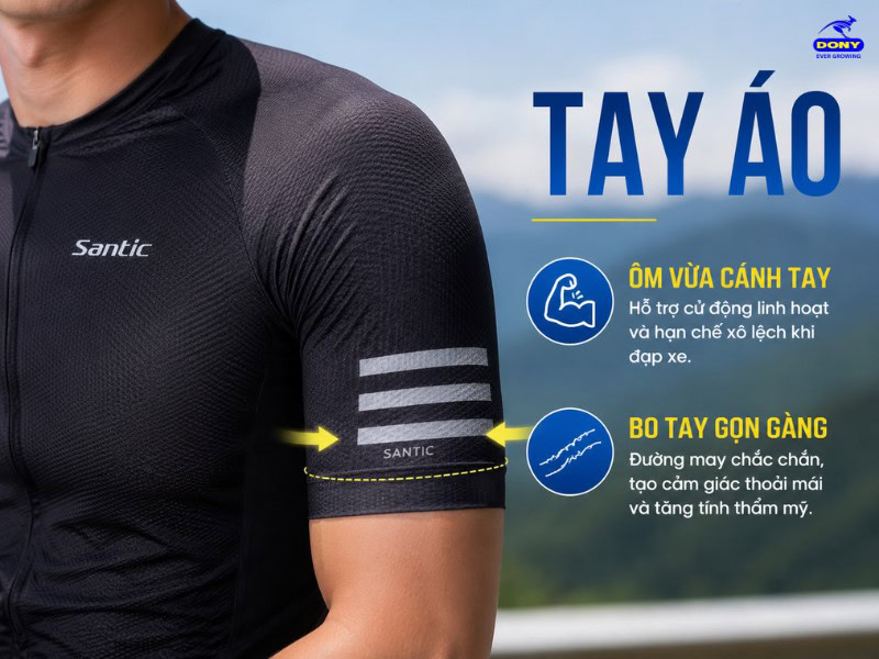 Tay áo ngắn ôm vừa cánh tay, hỗ trợ cử động linh hoạt và hạn chế xô lệch trong quá trình đạp xe