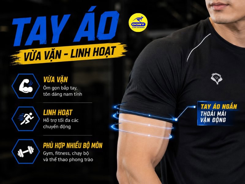 Tay áo ngắn được thiết kế vừa vặn với cơ thể, hỗ trợ tối đa các chuyển động