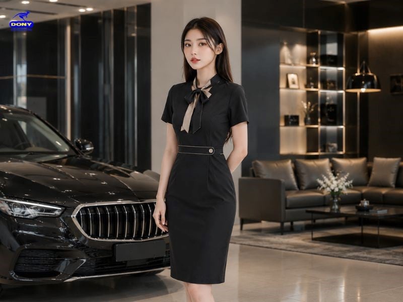 Thiết kế dáng đầm ôm nhẹ cơ thể, chiều dài ngang gối tạo vẻ ngoài thanh lịch và chỉn chu