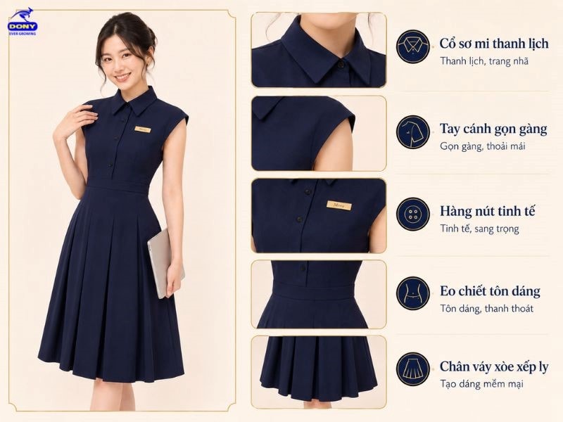 Mẫu đầm sở hữu kiểu dáng đơn giản nhưng vẫn tạo dấu ấn nhờ sự chăm chút trong từng chi tiết.