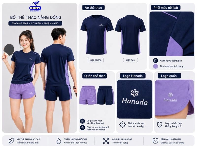 Bộ đồng phục gồm áo thun cổ tròn kết hợp quần short thể thao, mang phong cách trẻ trung