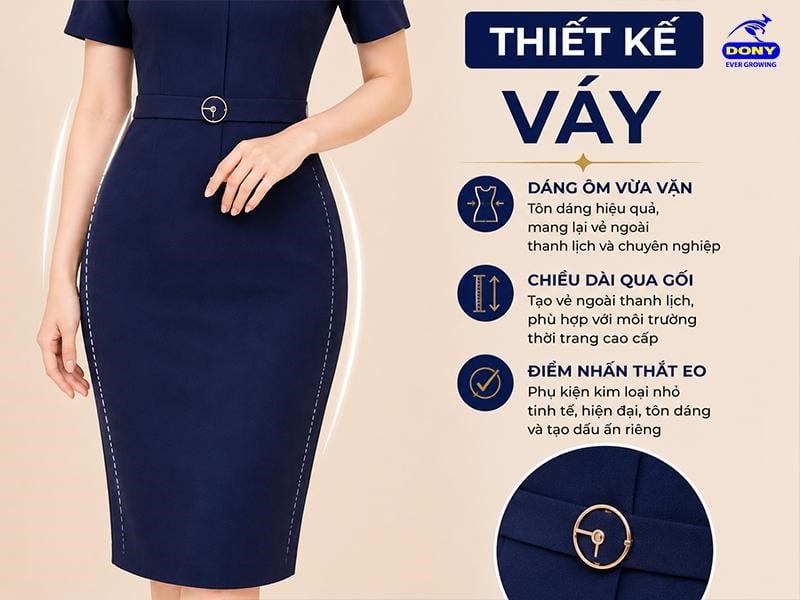 Váy được thiết kế theo dáng ôm vừa vặn, chiều dài qua gối tạo vẻ ngoài thanh lịch và chuyên nghiệp