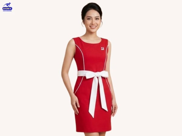Mẫu váy liền đồng phục PG đỏ phối trắng