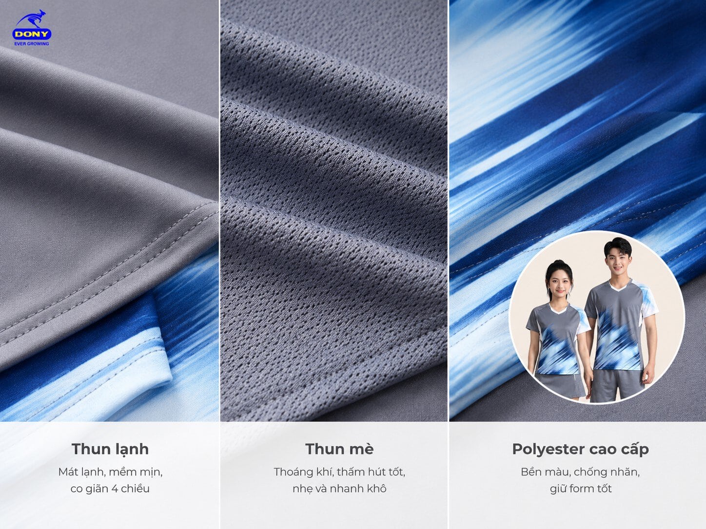 Đồng phục sử dụng các dòng vải thể thao chuyên dụng như thun lạnh, thun mè, polyester cao cấp