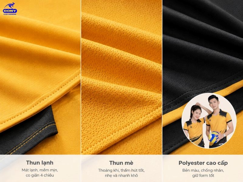 Đồng phục sử dụng các dòng vải thể thao chuyên dụng như thun lạnh, thun mè, polyester cao cấp