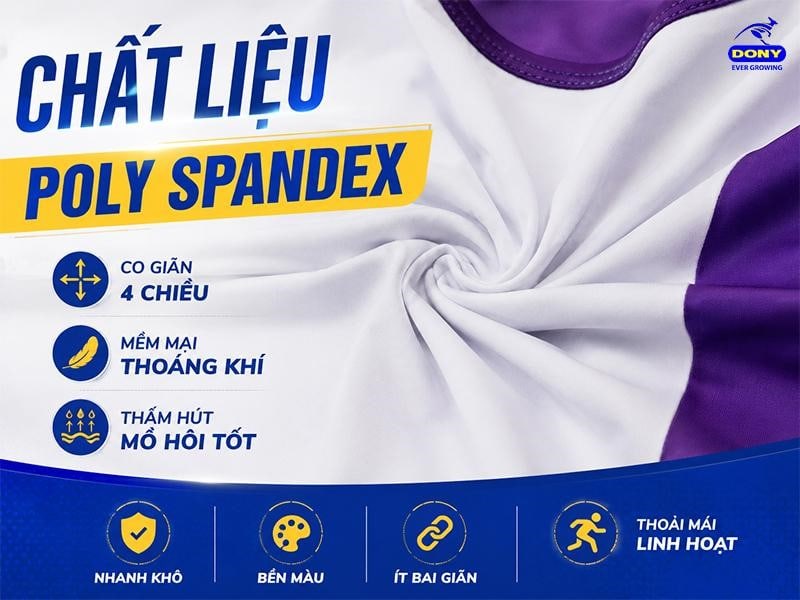 Đồng phục được may từ vải Poly Spandex cao cấp, có độ co giãn 4 chiều