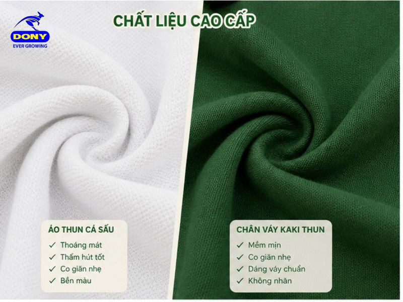 Áo thun được may từ vải thun cá sấu cao cấp, chân váy may từ vải kaki thun cao cấp