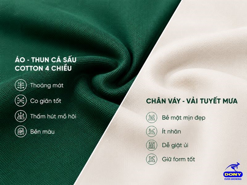 Áo được may bằng chất liệu thun cá sấu, chân váy sử dụng vải tuyết mưa
