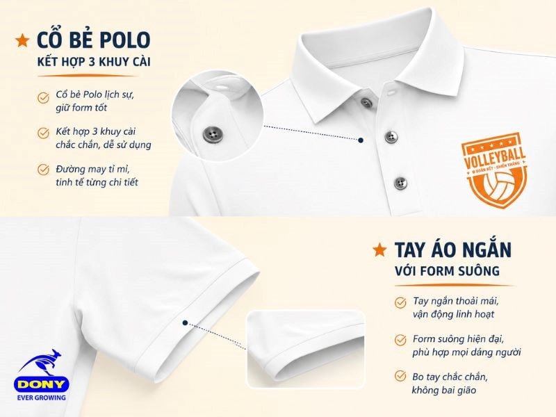 Áo sử dụng kiểu cổ bẻ Polo, tay ngắn form xuông