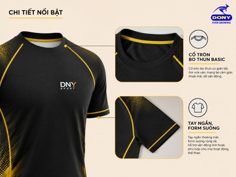 Cổ tròn năng động. Tay ngắn theo kiểu Raglan