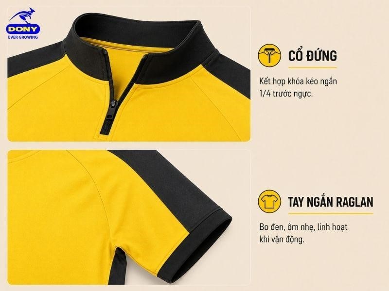 Cổ và tay mẫu áo thun tập gym màu vàng phối đen