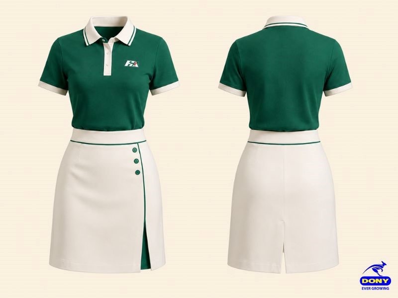 Mẫu đồng phục PG váy chữ A phối áo polo