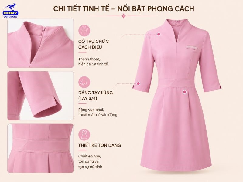 Kiểu cổ và tay của đầm đồng phục màu hồng, tay lững