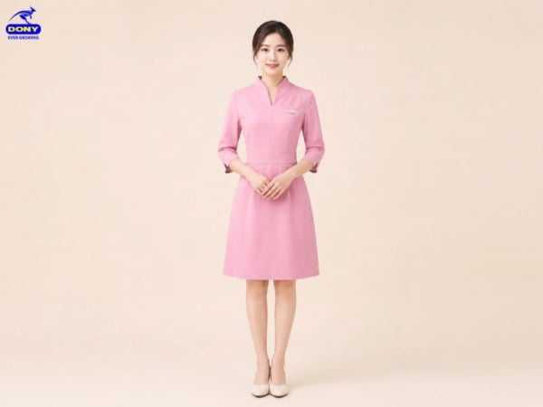 Mẫu váy đầm đồng phục màu hồng, tay lửng
