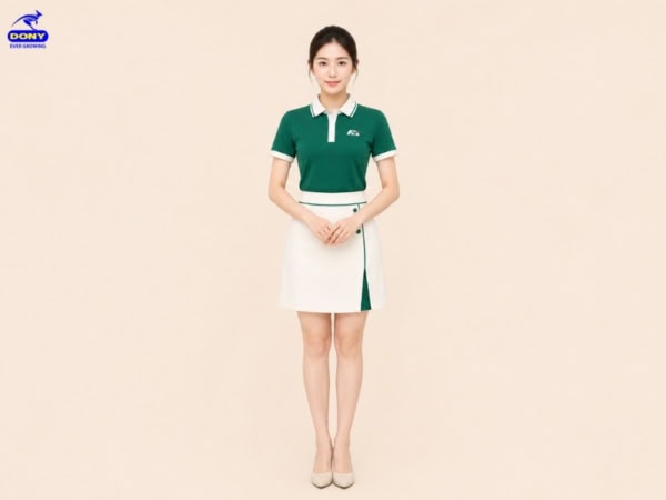 Mẫu đồng phục PG váy chữ A phối với áo polo màu xanh lá
