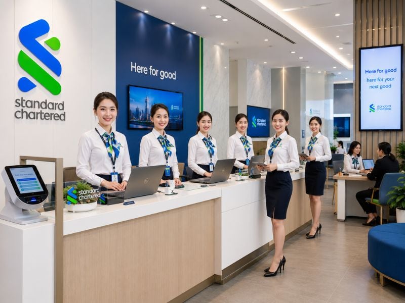 Đồng phục áo sơ mi nhân viên giao dịch ngân hàng Standard Chartered.