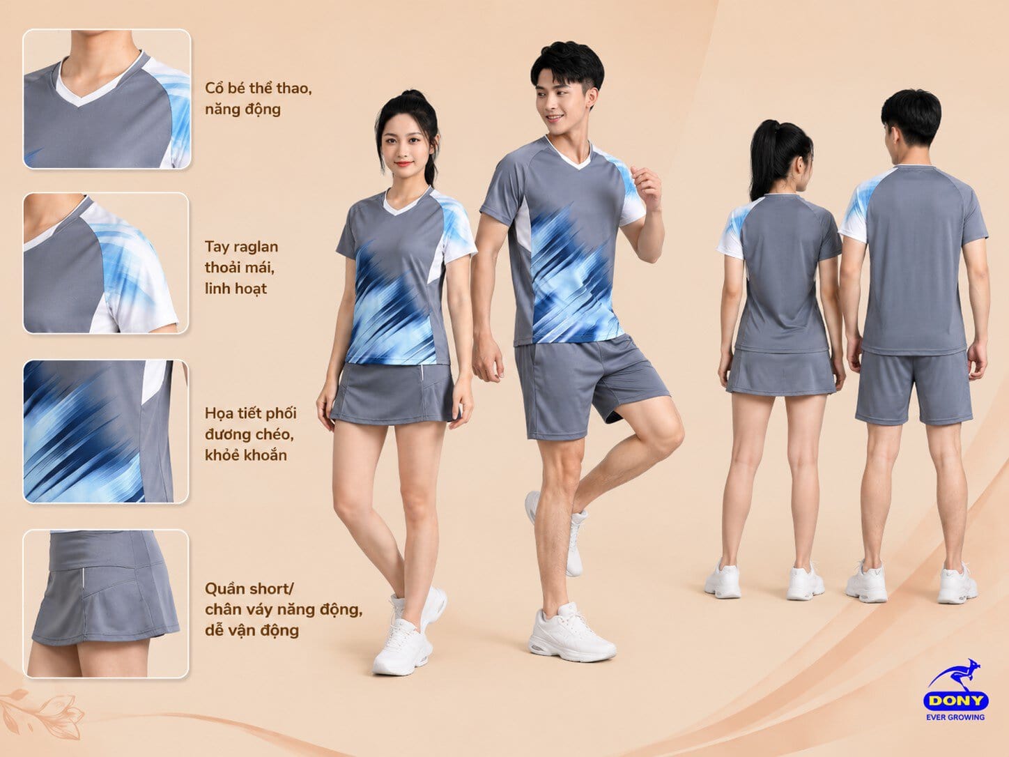 Bộ đồng phục được thiết kế theo phong cách thể thao hiện đại với áo cổ chữ V phối viền trắng, tạo điểm nhấn trẻ trung và năng động.