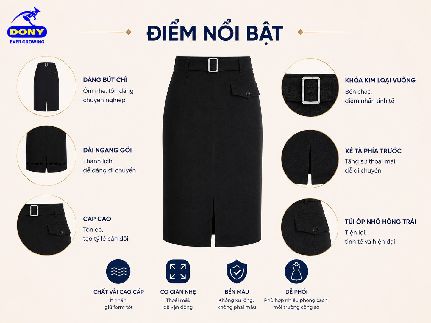 Chân váy dáng bút chì ôm nhẹ, chiều dài chạm gối lịch sự