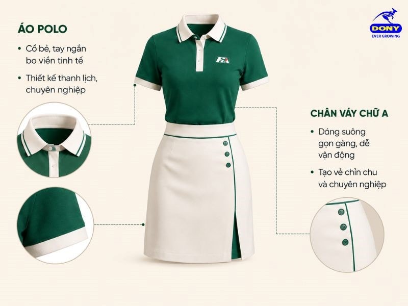 Bộ đồng phục gồm áo polo tay ngắn phối cùng chân váy chữ A dáng suôn