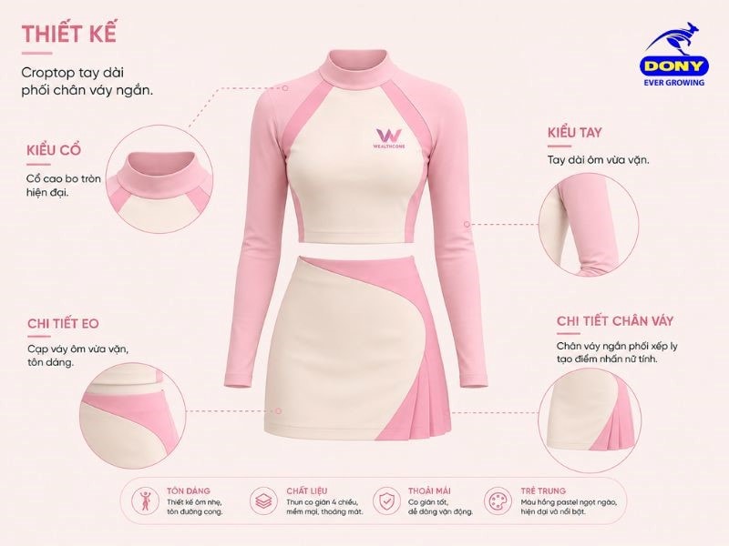 Mẫu đồng phục gồm áo croptop tay dài kết hợp chân váy ngắn đồng bộ