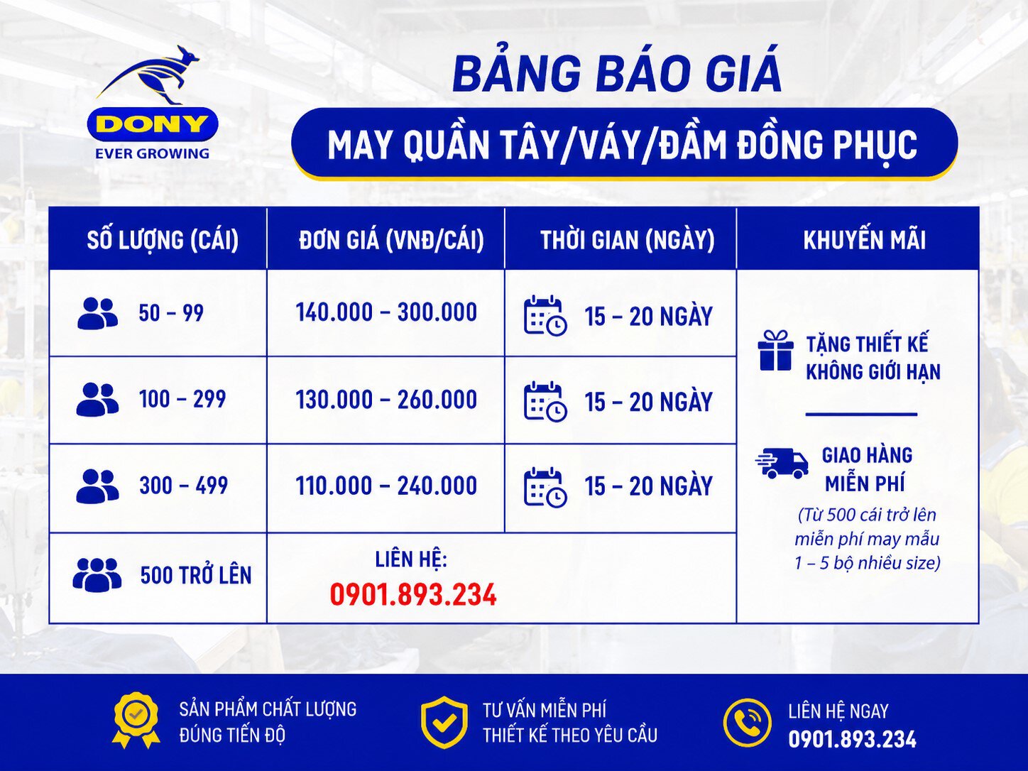 Bảng giá may quần tây/váy đầm đồng phục