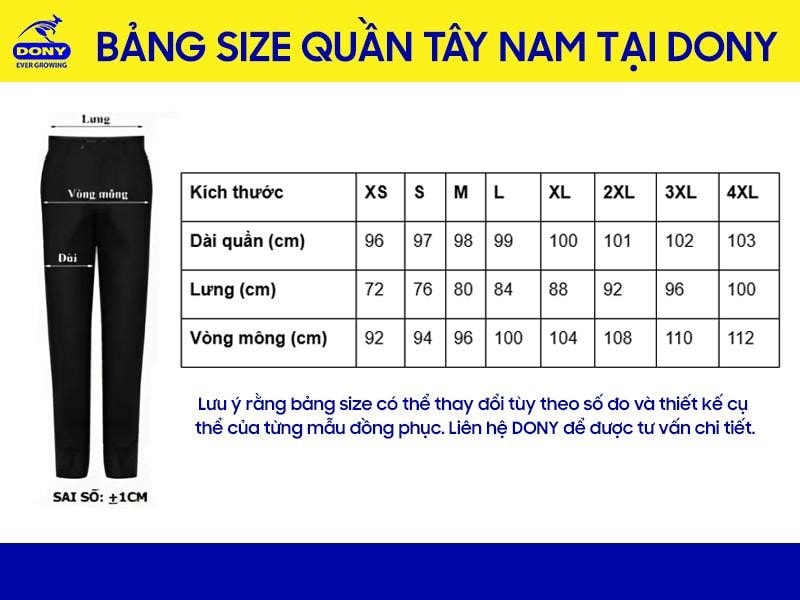 Bảng size quần tây Nam đồng phục
