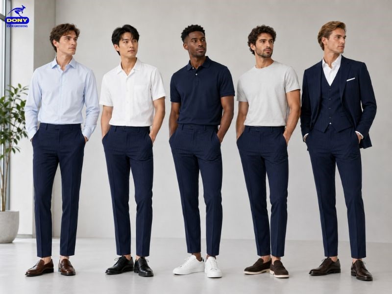 Các đường may được thực hiện gọn và chắc tại phần sườn, đáy quần, đai và đường ráp ống