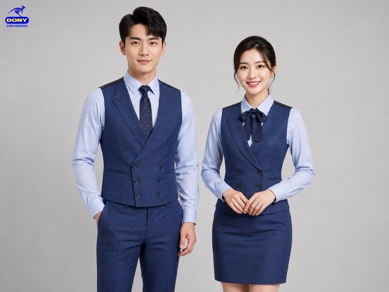 Đồng phục gile công sở caro màu xanh than