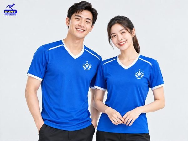 Áo thun đồng phục cổ tim màu xanh dương