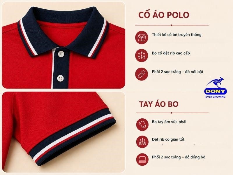 Áo sử dụng cổ polo dệt bo truyền thống. Tay áo ngắn giúp tăng sự thông thoáng và thuận tiện khi vận động.