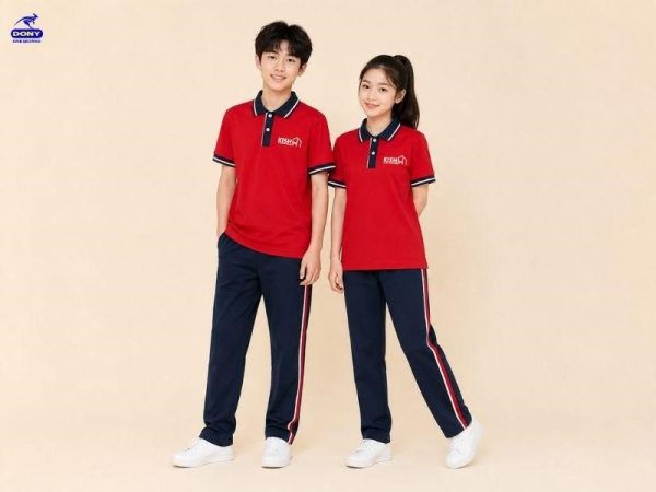 Mẫu đồng phục thể dục áo đỏ kết hợp quần màu xanh navy