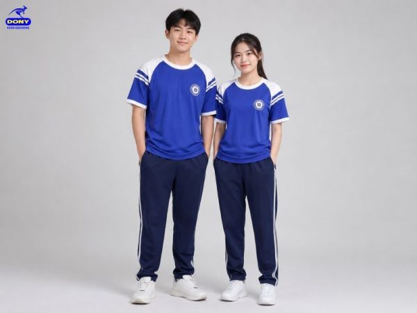 Mẫu đồng phục thể dục cổ tròn màu xanh dương