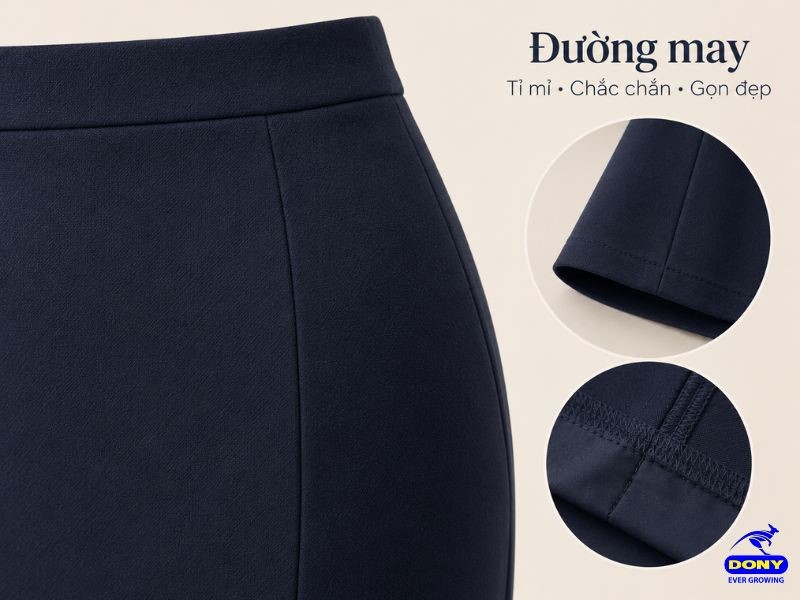 Các đường may dọc thân được bố trí cân đối, vừa tạo điểm nhấn vừa giúp chân váy giữ được phom dáng.