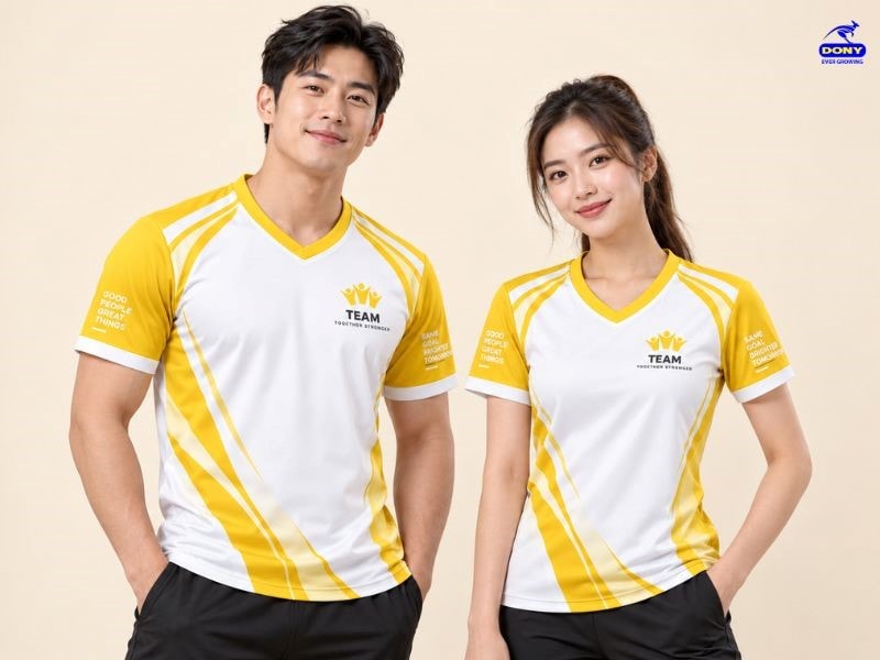 Áo thun cổ tim phối vàng trắng