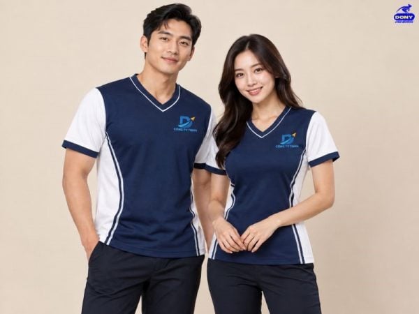 Áo thun cổ tim xanh navy phối trắng