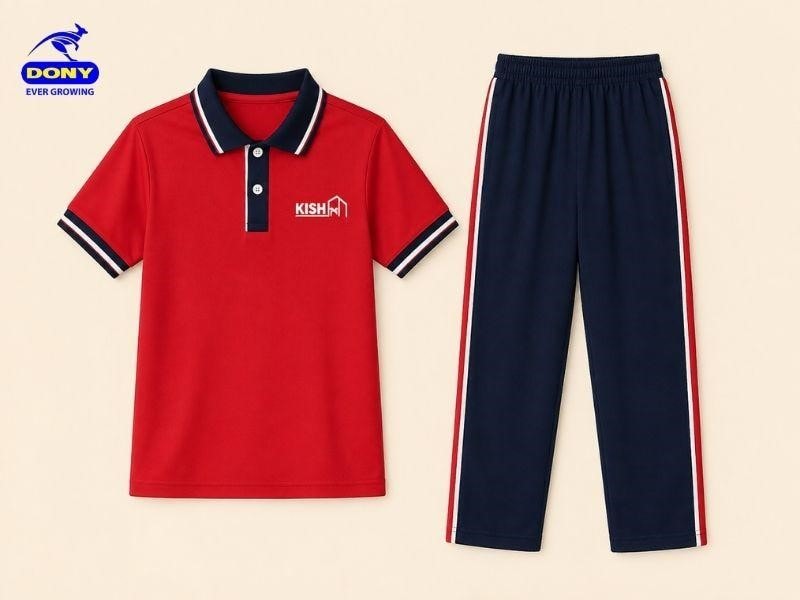 Bộ đồng phục gồm áo polo tay ngắn kết hợp quần thể thao dài.