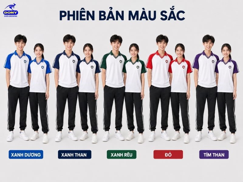 Các chi tiết như màu thân áo, tay áo, cổ áo, sọc quần hoặc viền trang trí đều có thể điều chỉnh để tạo mẫu đồng phục riêng.