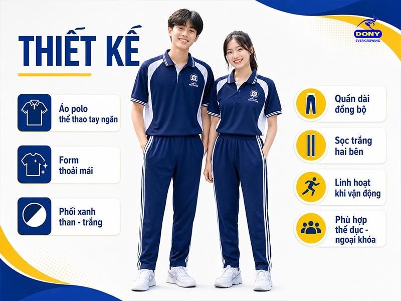 Mẫu áo được thiết kế theo kiểu polo thể thao tay ngắn. Quần thể thao dáng dài được thiết kế đồng màu với áo