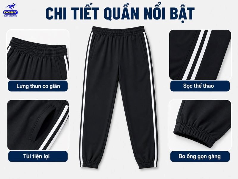 Quần thể thao dài màu đen được thiết kế ống suông hơi ôm